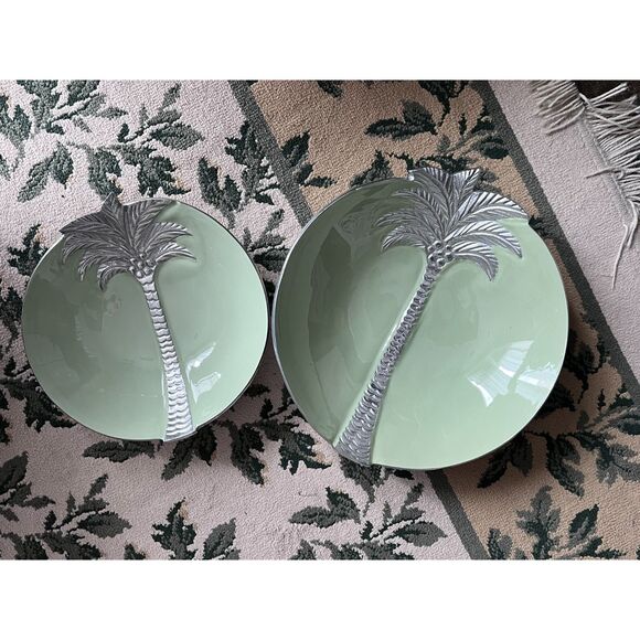 Lavar a la Main Green Porcelain Lined Silver Metal Palm Tree Serving Bowls - Picture 1 of 5